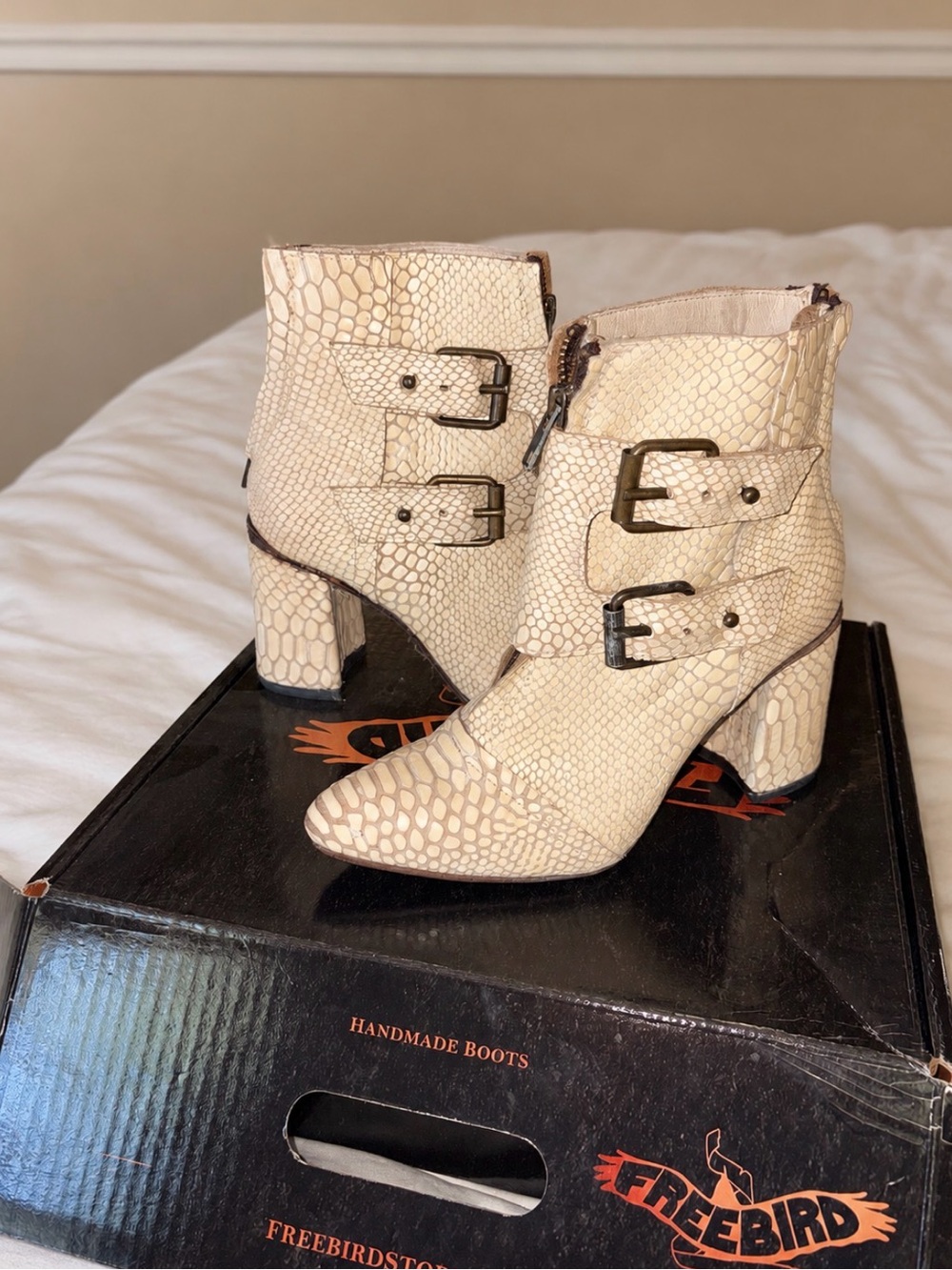 Freebird Cream Snake-Print Buckle Block-Heel Ankle Boots